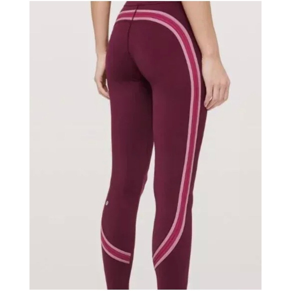 Lululemon Tight Stuff Tight II Women Size 2 Burgundy Pink Stripe Leggings‎
